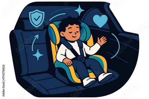 Safe and Vibrant Ride. Backseat with child seat. Glowing car interior with a child safely buckled in colorful seat. Floating icons of shield, heart, and