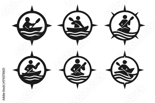 River Kayak Logos. Kayaking in Rivers. Set Logo of Kayaking in Rivers: compass. harmonious logo variations of the same emblematic concept, each with different