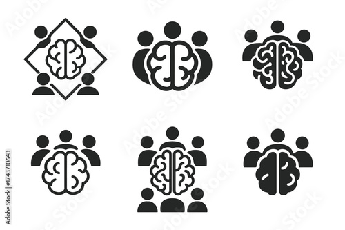 Collaborative Brain Logos. Collaboration in creative teams. Set Logo of shared brain: multiple figures contributing to one brain symbol. harmonious logo