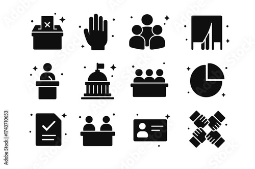 Democracy Icons Grid. Democracy balance. Solid icons set of ballot box, raised hand, people circle, voting booth, podium speaker, parliament dome, community