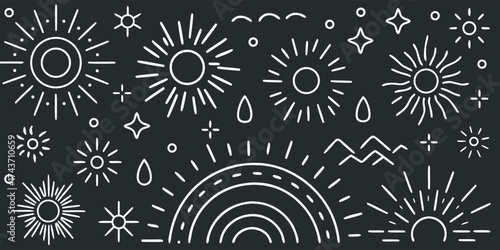 Ethereal celestial design featuring suns, stars, and geometric elements evoking wonder and cosmic harmony on a clean background.