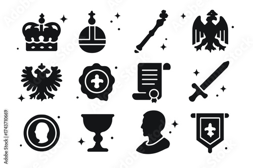 Tsardom Icon Set. Tsardom Symbols. Solid icons set of Tsardom Symbols: royal crown, orb and cross, scepter, throne, double-headed eagle, wax seal, royal