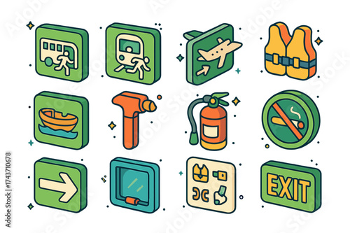 Transportation Safety Icons. Transportation Safety. Colorful isometric vector icons set of Transportation Safety: emergency exit bus sign, train evacuation