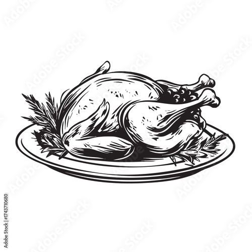 Engraved whole roasted turkey on a platter with garnish.