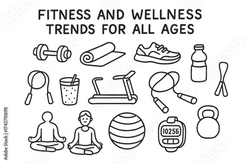 Wellness Icons Collection. Fitness and Wellness Trends for All Ages. Hand-drawn doodle illustration fitness and wellness trends for all ages dumbbell, yoga