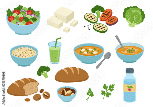 Healthy Vegan Food Composition with Salad, Tofu, and Soup