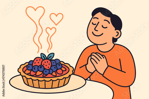 Heartwarming Pie Delight. Sweet wellness. A glowing pie with fruit topping placed on a table, steam rising into abstract heart shapes while a character smiles