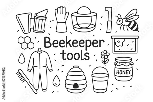 Beekeeper Tools Illustration. Beekeeper tools. Hand-drawn doodle illustration of Beekeeper tools. Smoker,