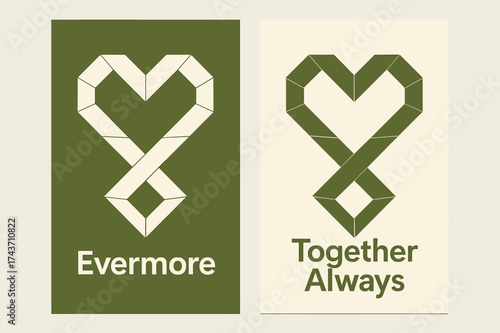 Evermore Geometric Banners. Evermore. Two vertical A6 banners, geometric, olive green and cream backgrounds, angular infinity heart built from clean polygons,