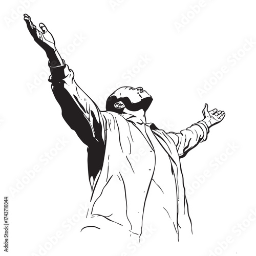  Man looking up with arms raised in a worshipful gesture.