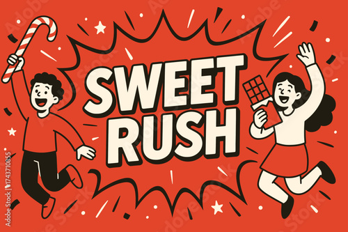 SweetRush Candy Celebration. SweetRush banner, flat vector illustration, bold oversized text inside comic burst, cartoon characters jumping and waving near