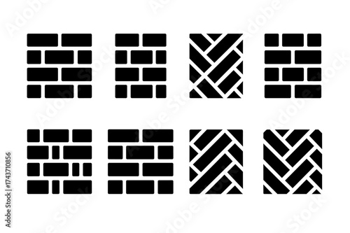 Brick Pattern Icons. Brick pattern. Filled icon set of Brick pattern: running bond, stacked bond, herringbone,