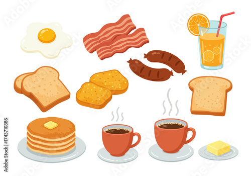 Delectable Breakfast Still Life Toast, Eggs, Bacon, Coffee, and Pancakes Illustration