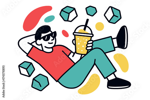 Chill Slush Vibes. Cool Slush Moment. A person lounging with sunglasses, sipping on a glowing slush cup while abstract ice shapes float above. Modern flat-line