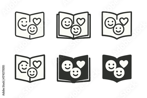 Friendship Emblem Variations. Friendship and self-expression. Set Logo of Friendship and self-expression: Open notebook with personal doodles. harmonious logo