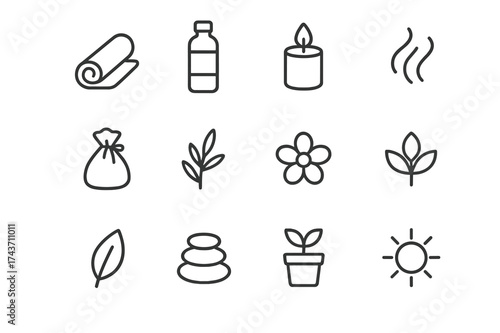 Wellness Lifestyle Icons. Wellness lifestyle. Line outline icon set of wellness lifestyle: yoga mat, water