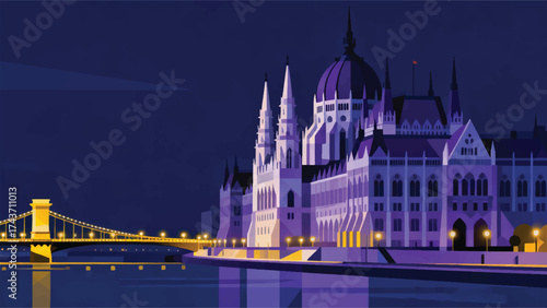 Illustration Of The Parliament Building On The Banks Of The Danube River With The Chain Bridge Lit Up At Night Vector Design Template