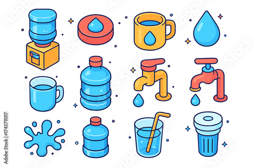 Colorful Office Water Icons. Office Water. Colorful isometric vector icons set of office water: water cooler, button, cup, droplet, jug, dispenser, faucet,