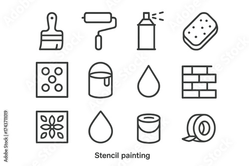 Stencil Art Tools. Stencil painting. Line icon set of stencil painting: paintbrush, roller, spray can, sponge, stencil sheet, paint can, droplet, wall,
