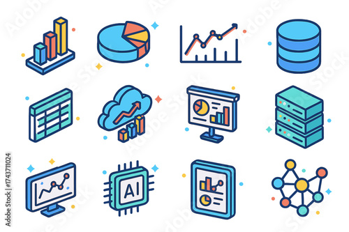 Data Journalism Icons. Data Journalism. Colorful isometric vector icons set of Data Journalism: bar chart, pie chart, line graph, database, spreadsheet, cloud