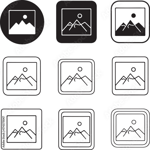 Nine mountain image icons in varying frames on transparent background silhouette