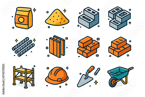 Colorful Construction Icons. Building materials. Colorful isometric vector icons set of building materials: cement bag, sand pile, gravel, cinder blocks, steel