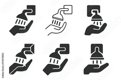 Shower Head Logos. Installing a New Shower Head. Set Logo of Installing a New Shower Head: Bathroom Wall Mount Icon. harmonious logo variations of the same