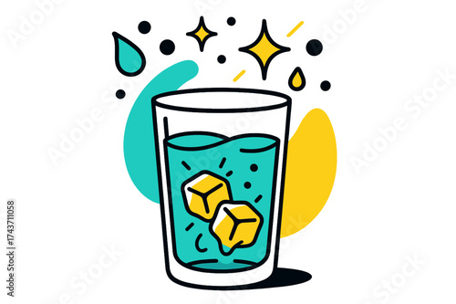 Glowing Ice Delight. Glass of melting ice. A drink with glowing ice cubes half-melted inside, abstract floating drops and sparkles above showing refreshing