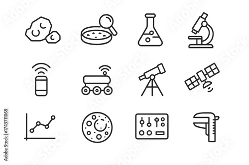 Lunar Science Icons. Lunar science. Line icon set of Lunar science: rock sample, soil analysis, chemical flask, microscope, sensor, rover, telescope,