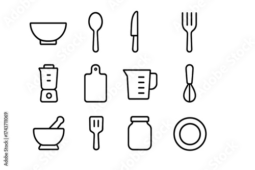 Kitchen Utensils Icons. Kitchen Utensils. Line icon set of Kitchen Utensils: bowl, spoon, knife, fork, blender, cutting board, measuring cup, whisk, mortar and