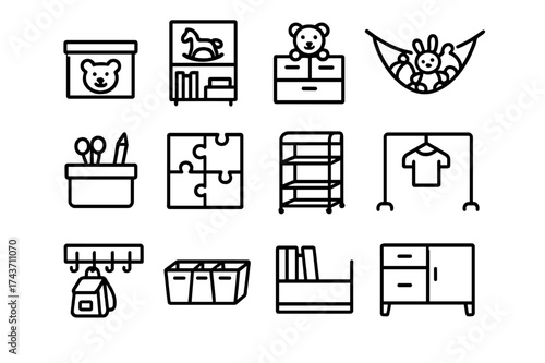 Kids Room Storage Icons. Kids room storage. Line icon set of Kids room storage: toy box, bookshelf, cubby shelf, stuffed animal net, art supplies box, puzzle