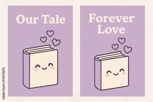 Kawaii Love Banners. Love. Two vertical A6 banners with safe margins, centered composition, no elements touching edges, kawaii style, lavender and cream,