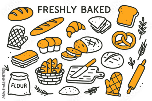 Freshly Baked Delights. Freshly Baked. Hand-drawn doodle illustration freshly baked bread loaf (accented), baguette, croissant, slice of bread (accented),