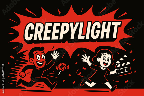 CreepyLight Comic Banner. CreepyLight banner, flat vector illustration, bold oversized text inside comic burst, cartoon characters running and waving near