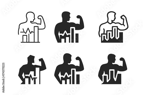 Fitness Logo Variations. Personal trainer. Set Logo of Fitness: health chart with trainer. harmonious logo variations of the same emblematic concept, each with