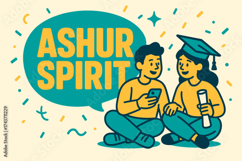 Ashur Spirit Celebration. Ashur Spirit banner, flat vector illustration, bold oversized text inside rounded blob, cartoon characters sitting and chatting,