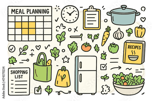 Meal Planning Essentials. Meal Planning. Hand-drawn doodle illustration calendar (colored), shopping list, grocery bag (colored), fridge, cooking pot