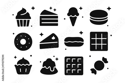 Heavenly Dessert Icons. Heavenly Desserts. Solid icons set of Heavenly Desserts: cupcake, slice of cake, ice cream cone, macaron, donut, cheesecake, eclair,