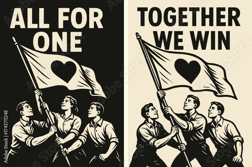 United in Victory. Teamwork. Two vertical A6 banners, retro, black and white backgrounds, teammates raising a shared flag with a heart emblem, first banner
