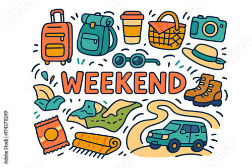 Weekend Adventure Essentials. Weekend. Hand-drawn doodle illustration of Weekend. suitcase, backpack, coffee
