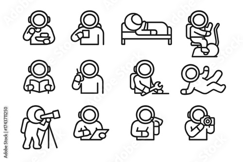 Astronaut Routine Icons. Astronaut daily life. Line icon set of astronaut daily life: eating, drinking, sleeping, exercising, reading, communicating,