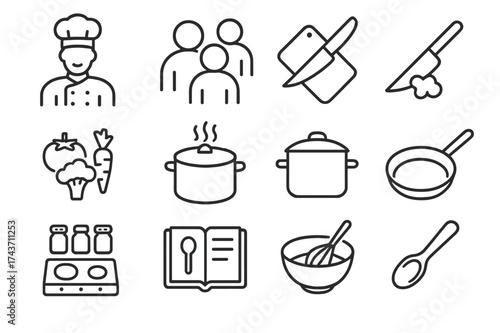 Cooking Class Icons. Cooking class for travelers. Line icon set of Cooking class for travelers: chef instructor, group of students, cutting board, knife, fresh