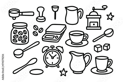Coffee Tools Doodle. Coffee Accessories. Hand-drawn doodle illustration Coffee Accessories portafilter, tamper, steaming pitcher, grinder, beans jar, scoop,