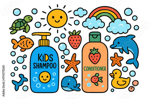 Vibrant Kids Bath Fun. Kids Shampoo. Colorful Hand-drawn doodle Children illustration Kids Shampoo colorful shampoo bottle, fruity conditioner bottle, bubble