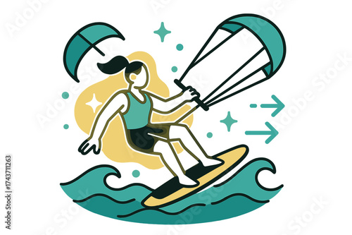Dynamic Kite Surfing. Kite Surfing. A glowing surfer pulled by a kite over waves, abstract floating spark and arrow icons symbolizing speed. Modern flat-line