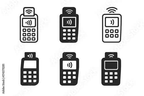 Harmonious Logo Variations. Checkout process. Set Logo of Checkout process: POS terminal. harmonious logo variations of the same emblematic concept, each with