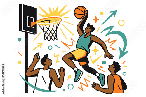 Dynamic Slam Dunk. Basketball game. A player leaps toward a glowing hoop with a ball in hand, abstract spark lines highlighting the slam dunk. Energy explodes