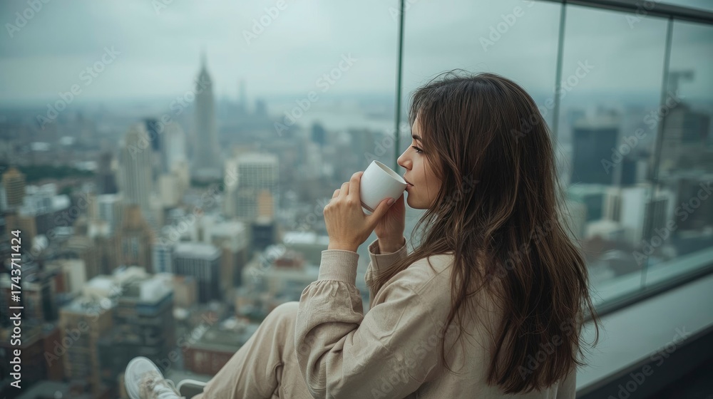 Fototapeta premium Woman drinking coffee overlooking New York City