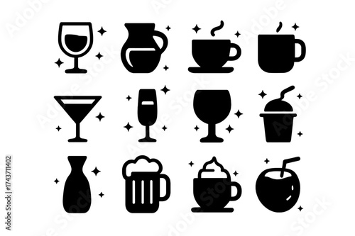 Celestial Drink Icons. Celestial Drinks. Solid icons set of Celestial Drinks: wine glass, water jug, tea cup, coffee mug, cocktail glass, champagne flute,