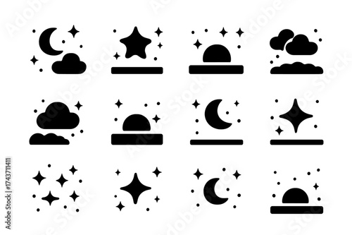 Twilight Icon Grid. Twilight cycle. Solid icons set of evening sky, stars appear, dusk horizon, fading sunlight, glowing clouds, fading light, purple sky,